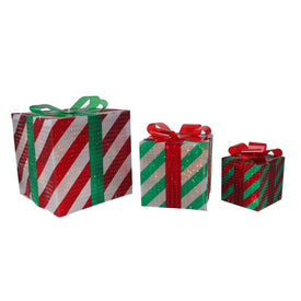 8" Red and Green Striped Gift Boxes Outdoor Christmas Decorations Set of 3