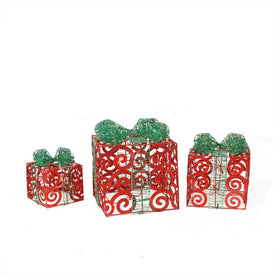 Lighted Sparkling Red Swirl Glitter Gift Boxes Outdoor Christmas Decorations Set of 3