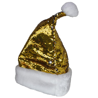 15" Gold and Silver Reversible Sequined Christmas Santa Hat with Faux Fur Cuff