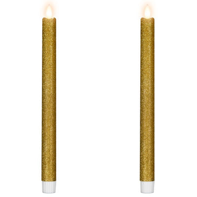 11" Gold Glittered Flameless LED Taper Christmas Candles Set 2