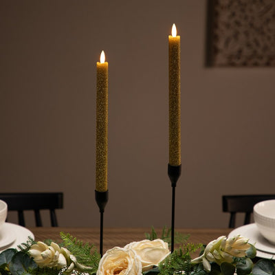 11" Gold Glittered Flameless LED Taper Christmas Candles Set 2
