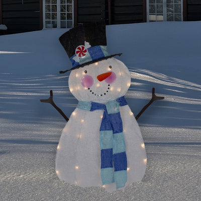 32" White and Blue Chenille Snowman Lighted Outdoor Christmas Decoration