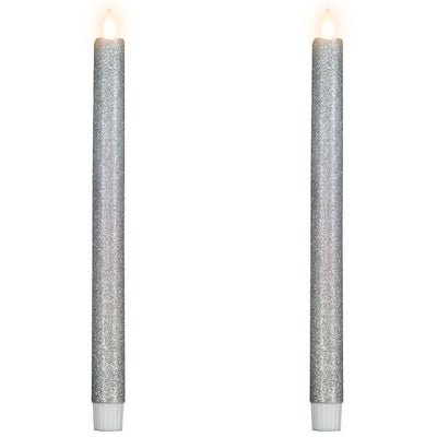 11" Silver Glittered LED Flameless Taper Christmas Candles Set of 2