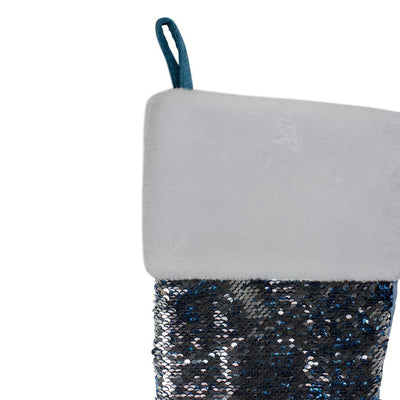 22.75" Sky Blue and Silver Reversible Sequined Christmas Stocking with Faux Fur Cuff