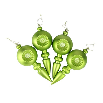7.5" Matte Kiwi Green Retro Reflector Shatterproof Finial Christmas Ornaments Set of 4