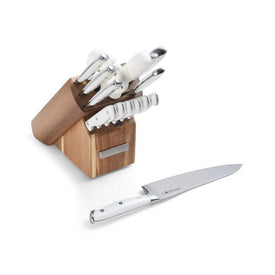 Fifteen-Piece Forged Triple Rivet Cutlery Set in Acacia Block - White