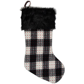 21" Black and Ivory Plaid with Dots and Faux Fur Cuff Christmas Stocking