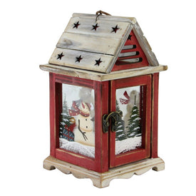 11" Red and Brown Snowman Decorative Christmas Pillar Candle Lantern