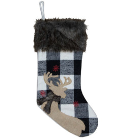 18" Black and White Buffalo Plaid Burlap Reindeer Christmas Stocking