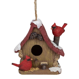 7" Brown and Red Christmas Birdhouse with Cardinals