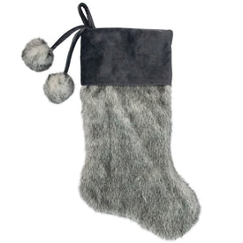 20.5" Gray Faux Fur Christmas Stocking with Corduroy Cuff and Pom-Poms