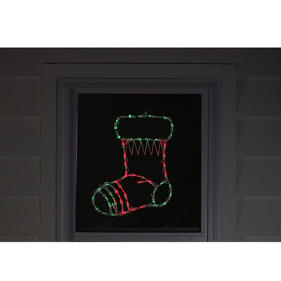 18" Red and Green Lighted Stocking Silhouette Window Christmas Decoration