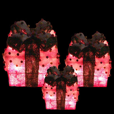 Lighted Snow and Candy Covered Sisal Gift Boxes Christmas Outdoor Decorations Set of 3