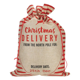 27" Beige and Red Striped "Christmas Delivery" Tie Gift Bag
