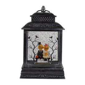 11.5" Lighted Black Halloween Snow Globe Lantern with Pumpkin Couple