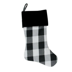 20" White and Black Buffalo Plaid Christmas Stocking with Velvet Cuff