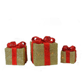 10" Gold and Red Lighted Gift Boxes Outdoor Christmas Decorations Set of 3