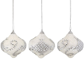 3" White and Silver Shatterproof Glitter Christmas Onion Ornaments Set of 3