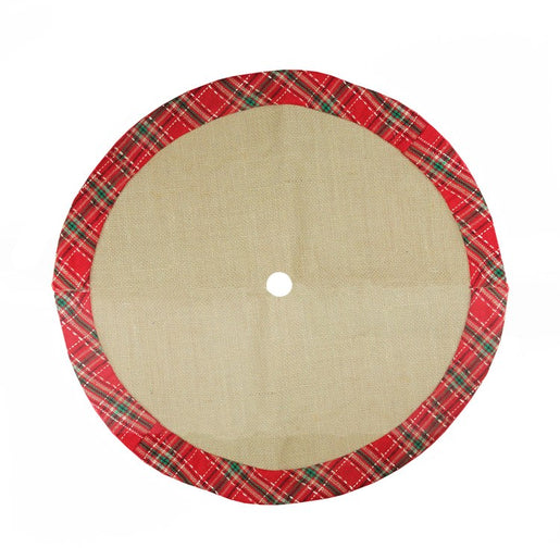20" Rustic Burlap Mini Christmas Tree Skirt with Red Plaid Border
