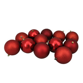 4" Red Shatterproof Four-Finish Ball Christmas Ornaments Set of 12