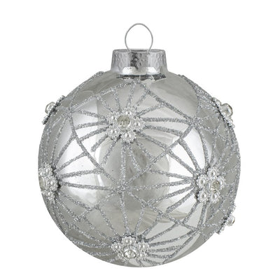 3.25" Silver with Floral Gem Ball Christmas Ornaments Set of 4