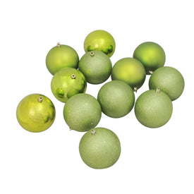4" Kiwi Green Shatterproof Four-Finish Christmas Hanging Ball Ornaments Set of 12