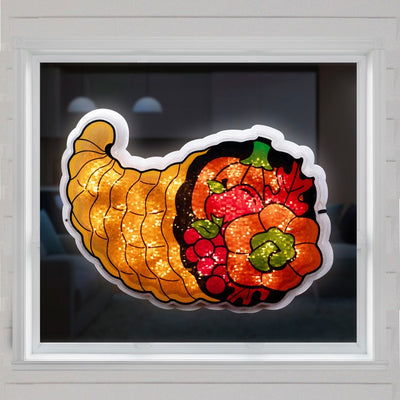 16" Gold and Red Lighted Cornucopia Thanksgiving Window Silhouette Decoration