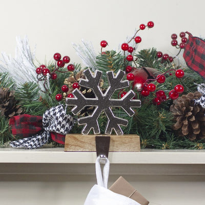 6.25" Silver Snowflake with Wood Finish Base Christmas Stocking Holder