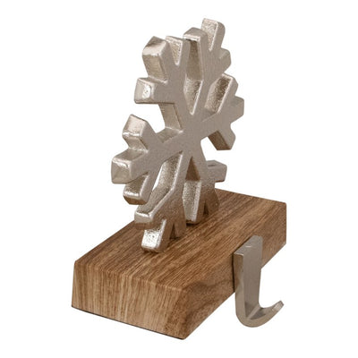 6.25" Silver Snowflake with Wood Finish Base Christmas Stocking Holder