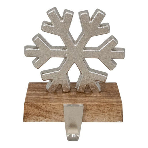 6.25" Silver Snowflake with Wood Finish Base Christmas Stocking Holder