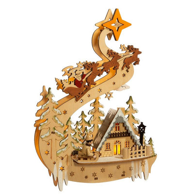 11.8" Battery-Operated Light Up Wooden Christmas Village with Santa and Sleigh