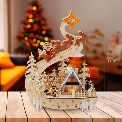 11.8" Battery-Operated Light Up Wooden Christmas Village with Santa and Sleigh