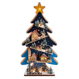 23.6" Multi-Color Wooden Christmas Tree with Village Scene, 15 Warm LED Lights, Cordless