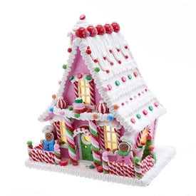 10" Frosted Pink Gingerbread Candy House, LED Illuminated, Cordless