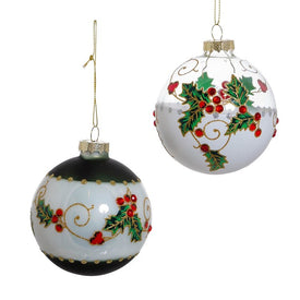 3.1" Holly Leaves and Berries Glass Ball Ornaments, Set of 6
