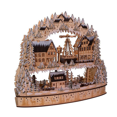 16" Wooden Winter Alpine Village with Rotating Motion, 20 Warm LED Lights, Cordless