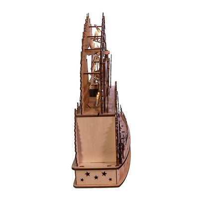 16" Wooden Winter Alpine Village with Rotating Motion, 20 Warm LED Lights, Cordless