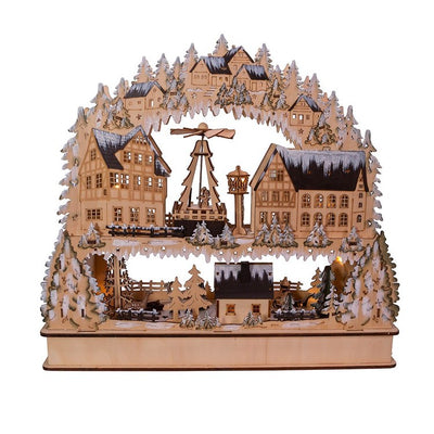 16" Wooden Winter Alpine Village with Rotating Motion, 20 Warm LED Lights, Cordless