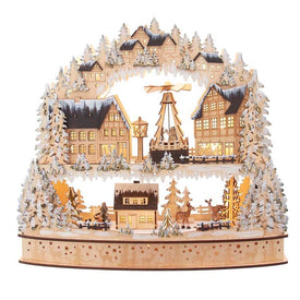 16" Wooden Winter Alpine Village with Rotating Motion, 20 Warm LED Lights, Cordless