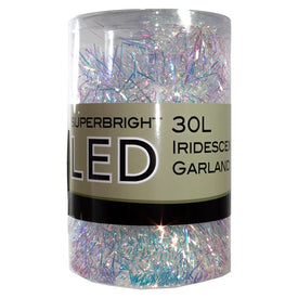 30-Light Battery-Operated Silver and Iridescent Tinsel Garland with Multi-Color LED Lights