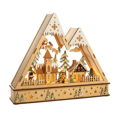 11.4" Battery-Operated Wooden Light Up Mountain Village with Santa