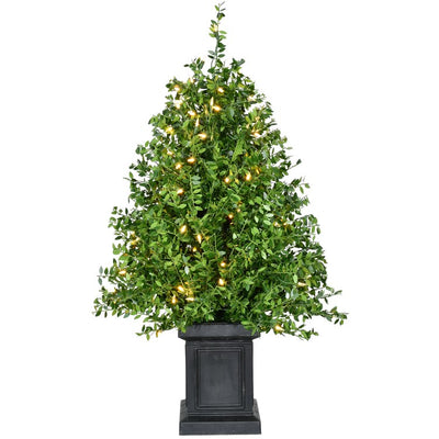 3' Pre-Lit Artificial Boxwood Tree in Black Pot with Warm White LED Lights Set of 2