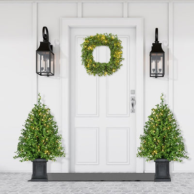 3' Pre-Lit Artificial Boxwood Tree in Black Pot with Warm White LED Lights Set of 2