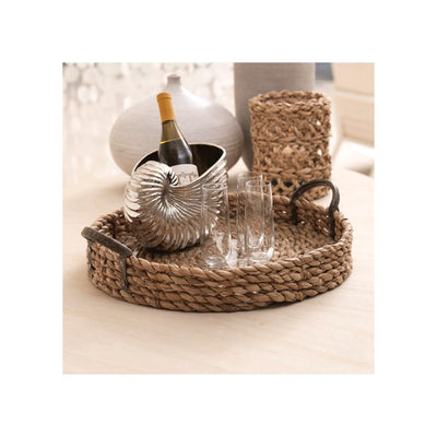 20" Diameter Seagrass Rolled Tray with Glass Insert