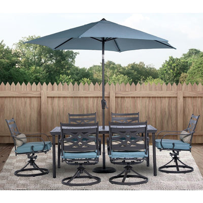 Montclair 7-Piece Dining Set with 6 Swivel Rockers, 40" x 66" Dining Table and 9-Ft. Umbrella