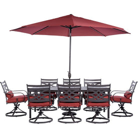 Montclair 9-Piece Dining Set with 8 Swivel Rockers, 42" x 84" Table, 11 Ft. Umbrella and Umbrella Stand