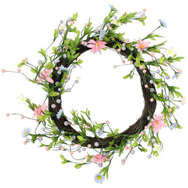 15" Green and Pink Daisy Twig Artificial Floral Wreath
