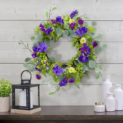 23" Purple and Yellow Eucalyptus and Hydrangea Floral Berry Spring Wreath