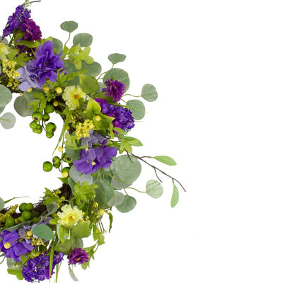 23" Purple and Yellow Eucalyptus and Hydrangea Floral Berry Spring Wreath