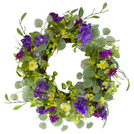23" Purple and Yellow Eucalyptus and Hydrangea Floral Berry Spring Wreath
